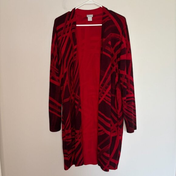CHICO'S Red Black Long Cardigan Womens L Open Front Long Sleeve - Picture 4 of 6